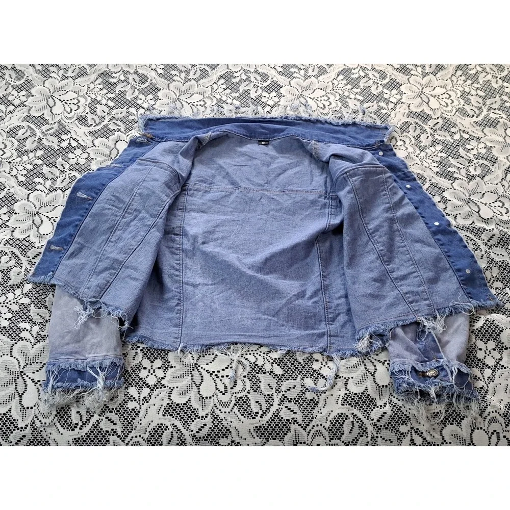 Unbranded Distressed Patchwork Denim‎ Jacket Blue Two Tone Raw Hem Small